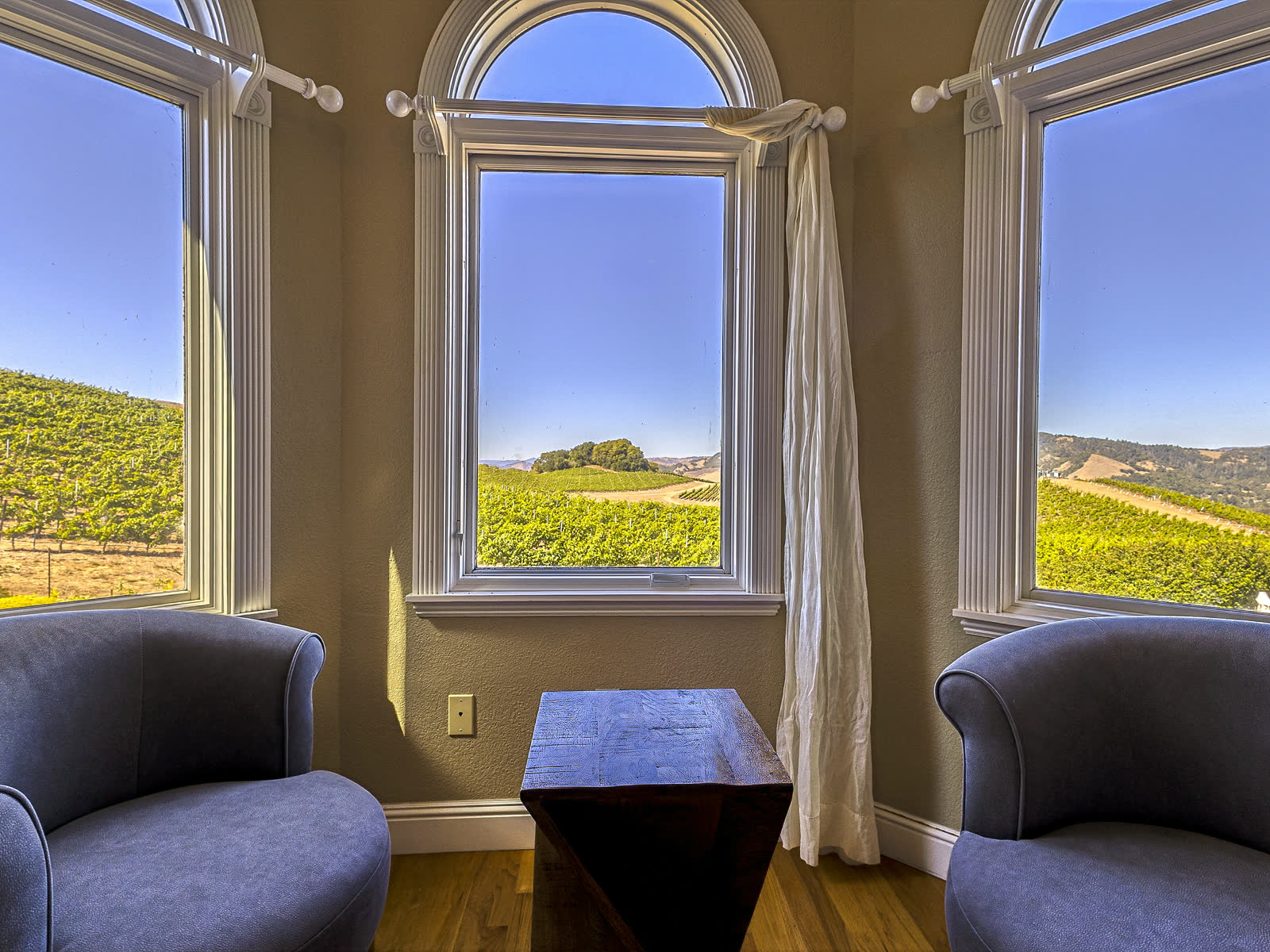 The bay window, with the hills through all three panes
