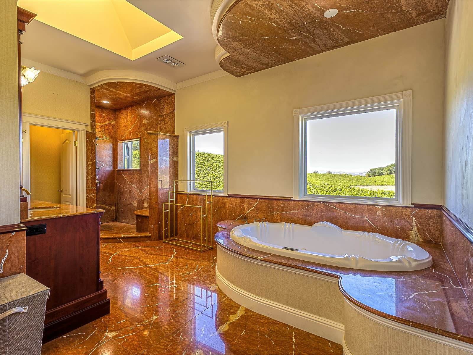 The primary bathroom, with its marble tub
